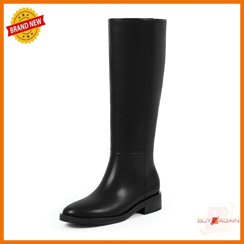Knee High Boots Round Toe Chunky Flat Heel Side Zipper Faux Leather